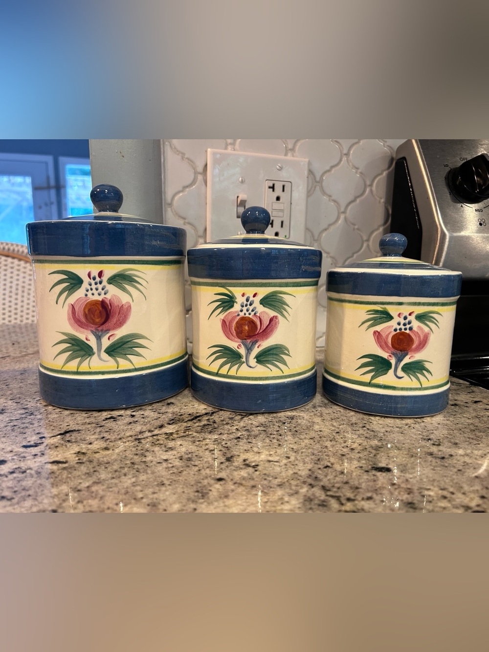 Gail Pittman Hand-Painted Floral Ceramic Canister Pottery - Blue and Cream